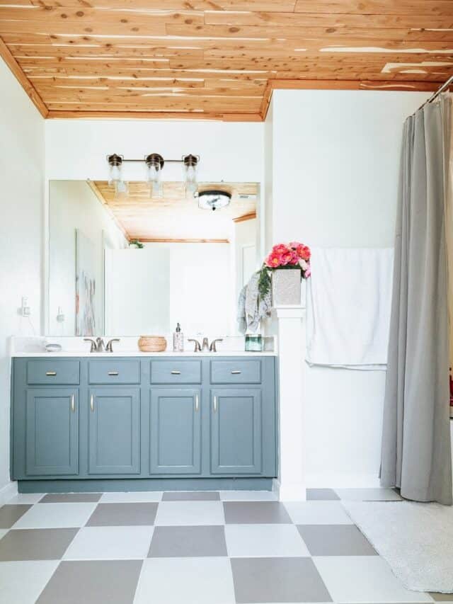 bathroom with checkered flooring and a cedar ceiling