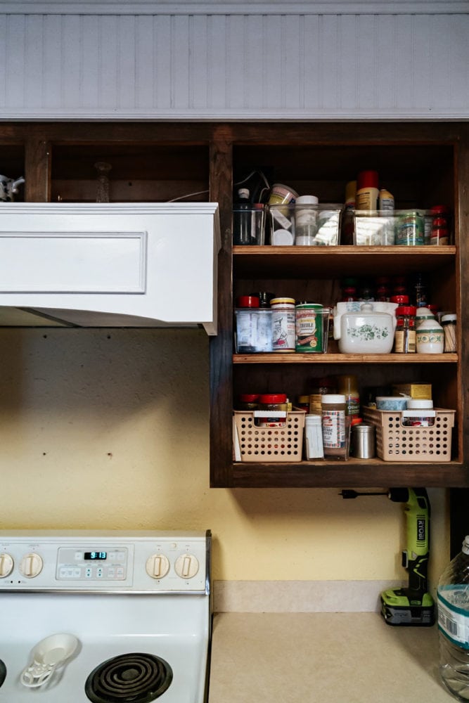 in-progress kitchen with DIY vent hood cover