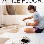 woman painting a tile floor with text overlay - how to paint a tile floor
