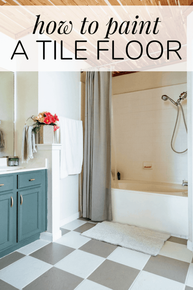 bathroom with tile floor that has been painted. Text overlay says "how to paint tile floor" 