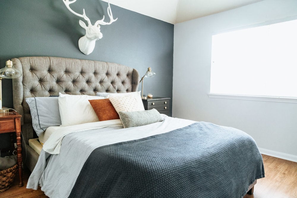 a blue and white master bedroom