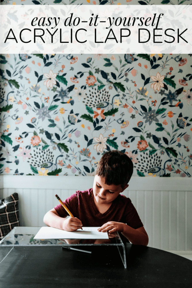 little boy drawing on an acrylic tray with text overlay - "easy do it yourself acrylic lap desk"