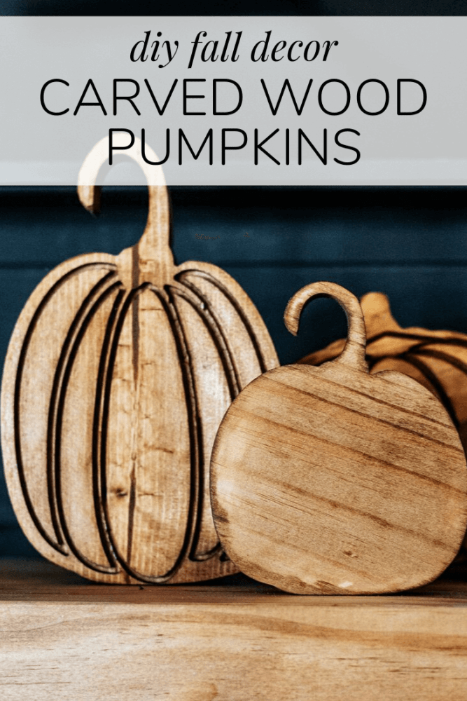 carved wood pumpkins with text overlay - "diy fall decor - carved wood pumpkins"