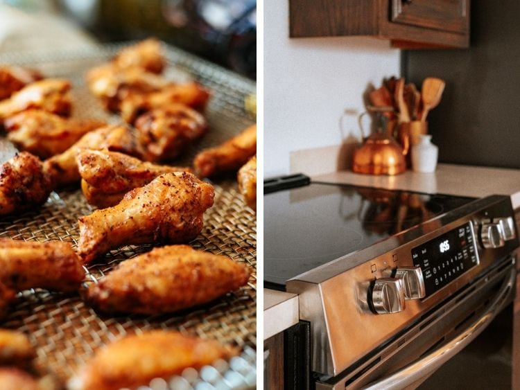 collage of two images. One is a close  up of air fried chicken wings, the other is of the front controls on the Frigidaire Gallery electric range