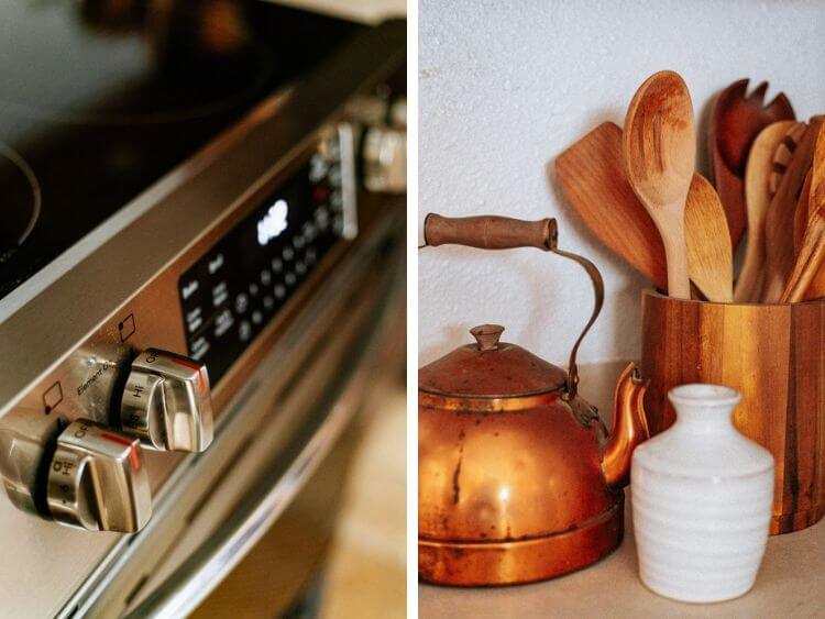 collage of two images. One is a close up of the Frigidaire gallery range and the other is a collection of wooden spoons and a copper kettle 