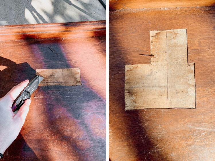 Collage of two images of a woman removing damaged veneer from a wood desk