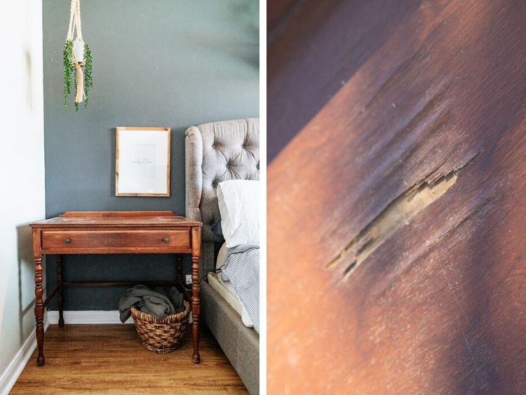 Vintage desk with chipped veneer on top 