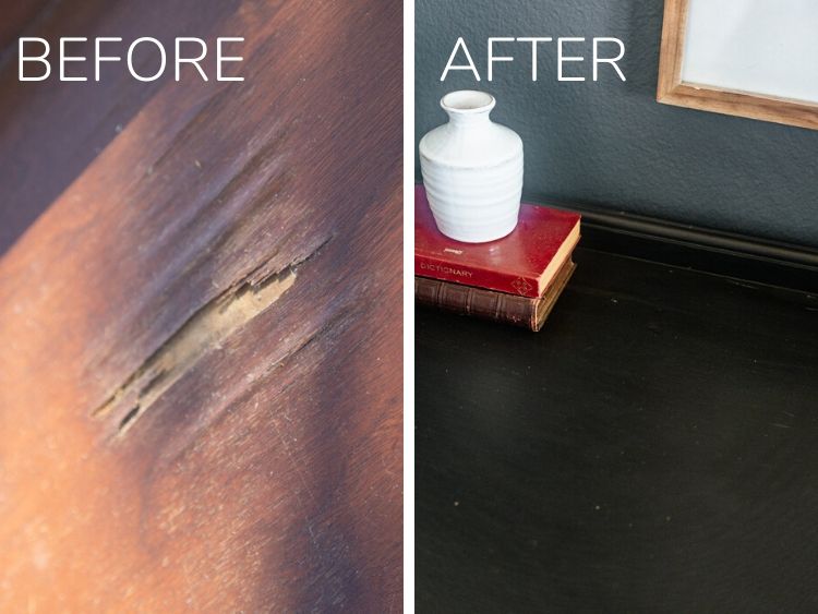 Before and after of damaged wood veneer