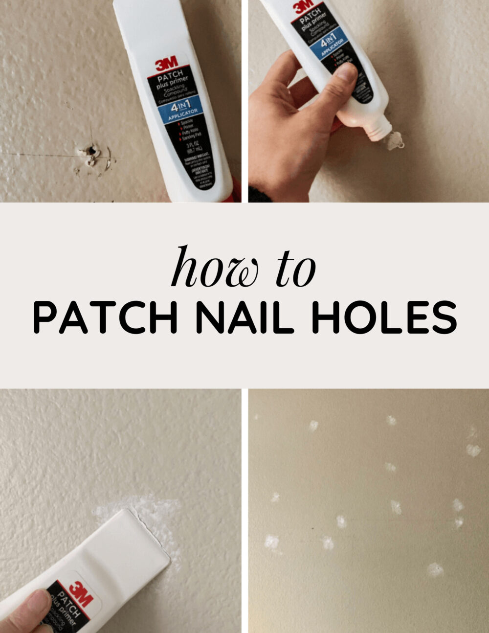 collage of drywall patch being used to patch nail holes on a wall