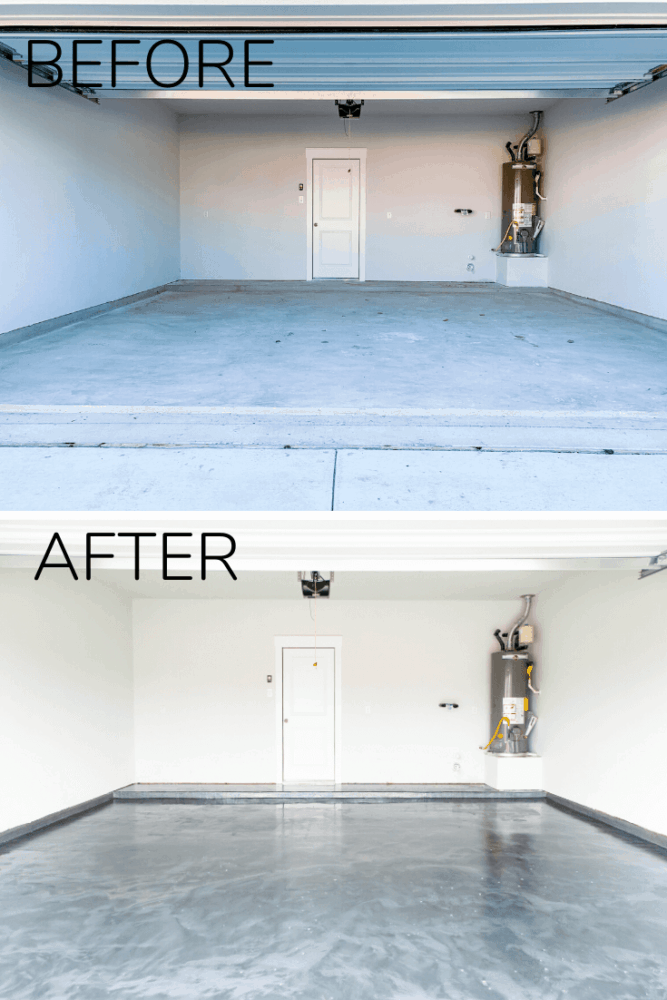 before and after of epoxy coated garage floor 