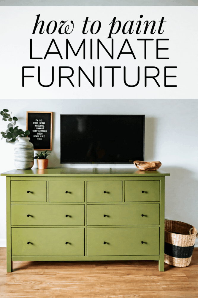 a painted IKEA dresser with text overlay "how to paint laminate furniture"