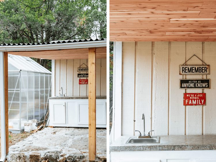 collage of two images of a DIY cedar lined patio 