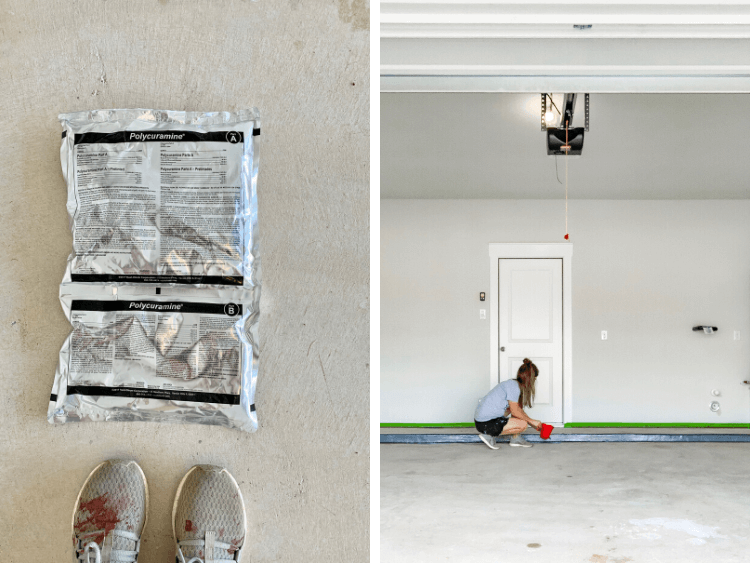 collage of epoxy floor coating and woman applying it with a paintbrush