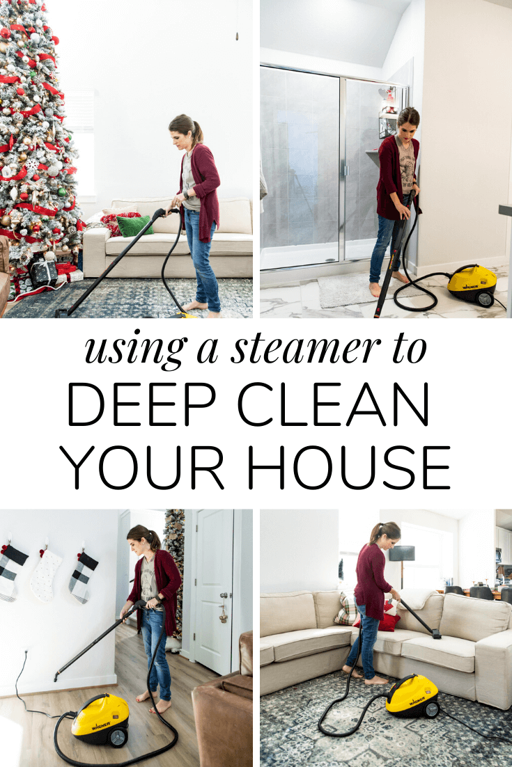 collage of woman cleaning with a power steamer