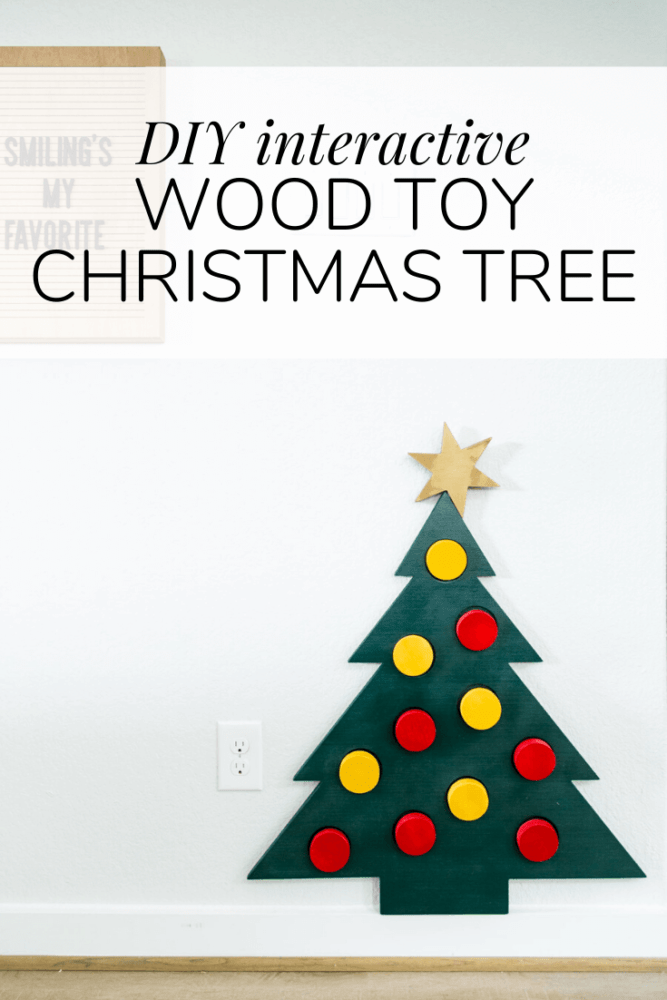adorable wood Christmas tree with text overlay - "diy interactive toy Christmas tree" 