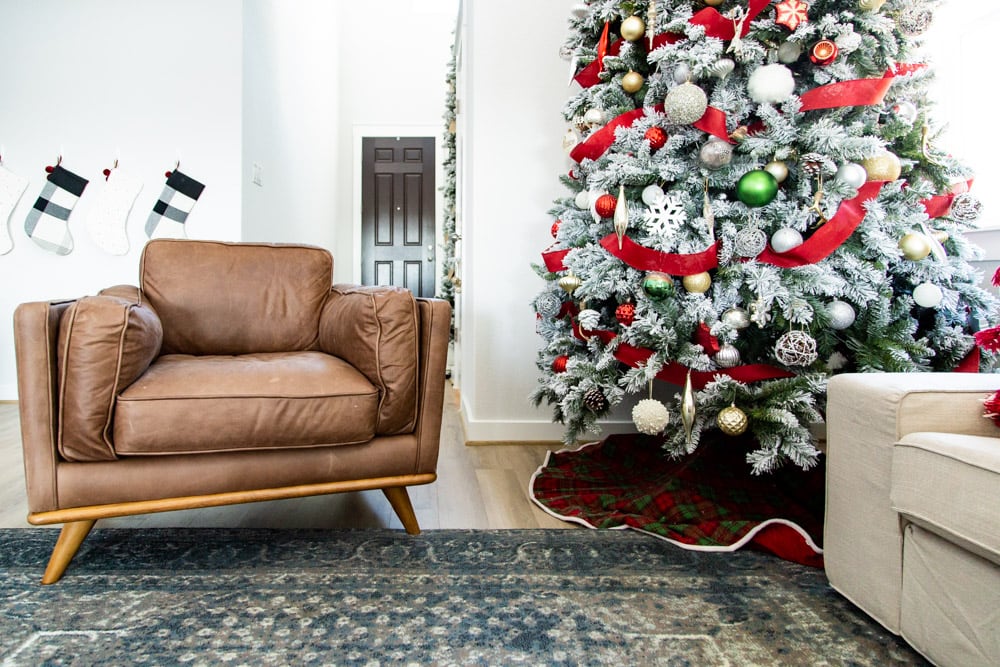 living room with Timber Charme Leather Chair from Article