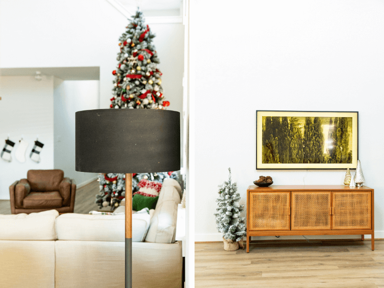 collage of floor lamp and living room with The Frame TV