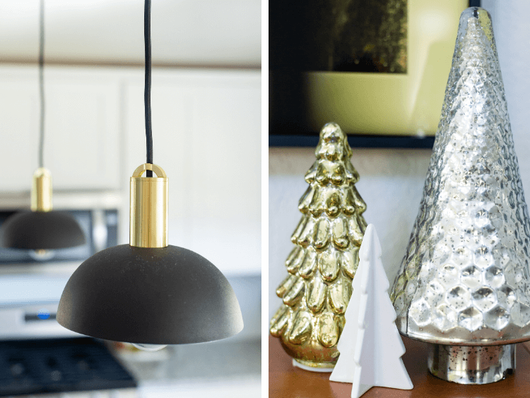 black pendant lights and Christmas tree decor 