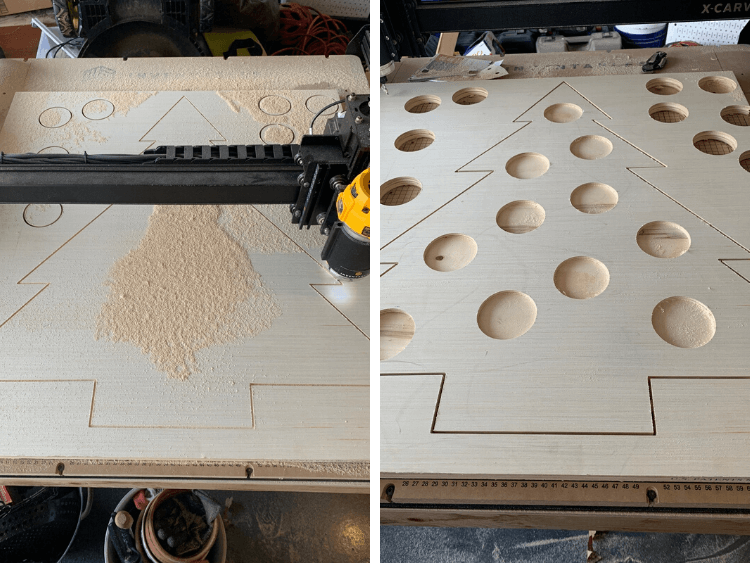 X-Carve machine cutting out a wood Christmas tre