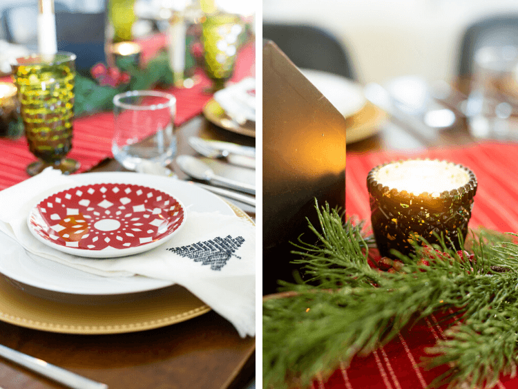 two close up images of a traditional table setting for Christmas