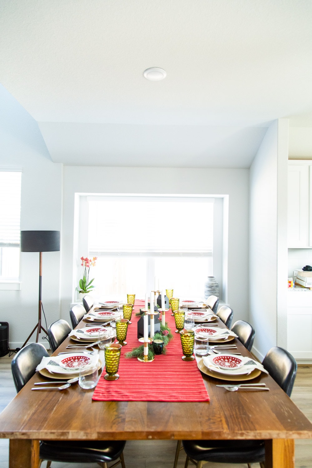 long wood table set for Christmas