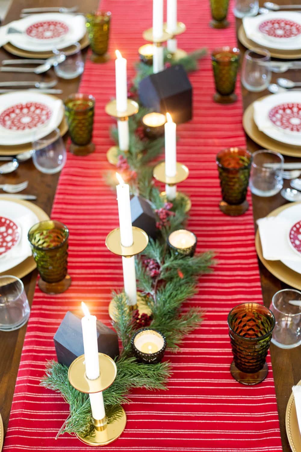 traditional red and green Christmas table setting