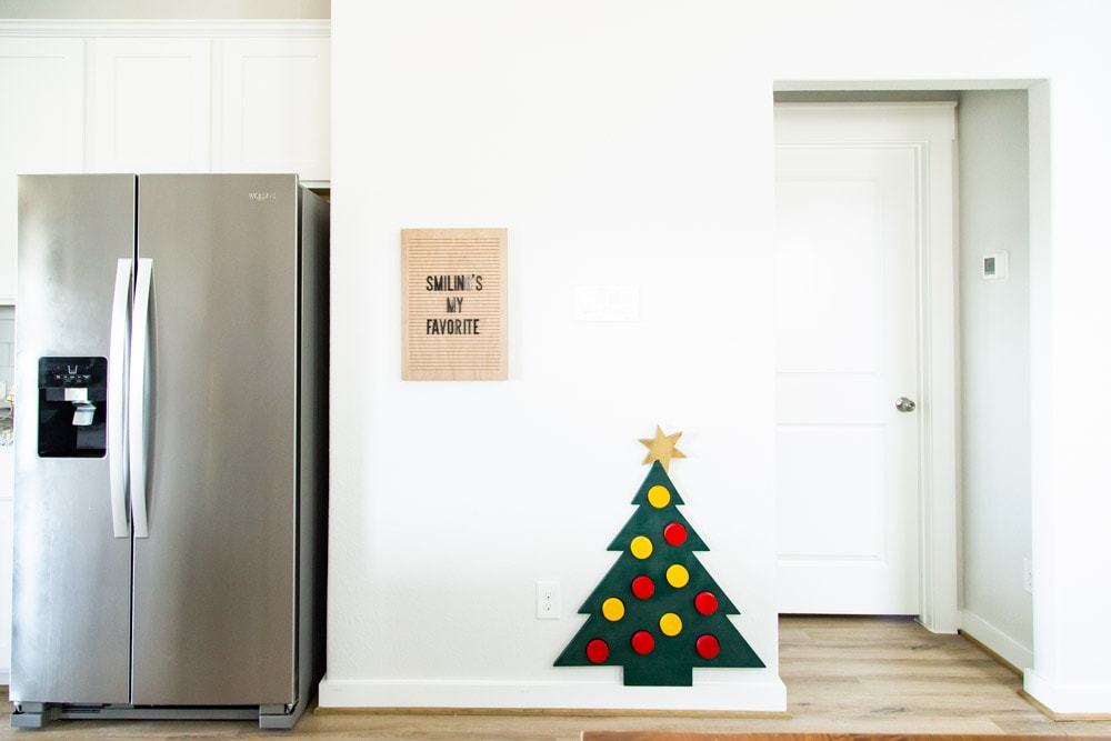 walkway with a DIY wood toy Christmas tree 