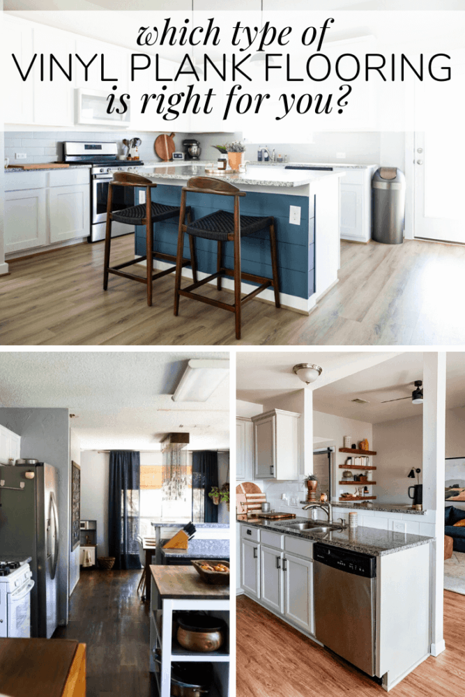 collage of three kitchens with different flooring 