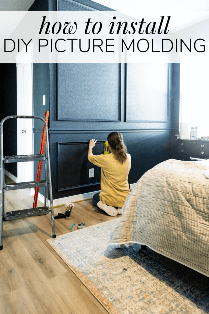 woman installing wall trim with text overlay - how to install diy picture molding