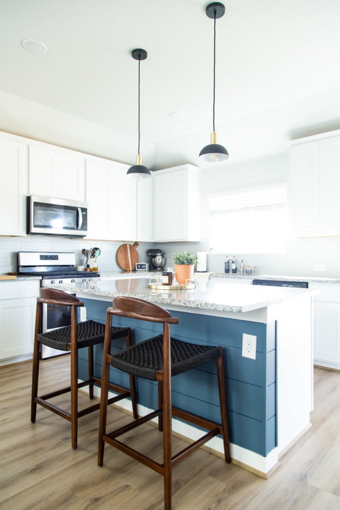 kitchen with blue island