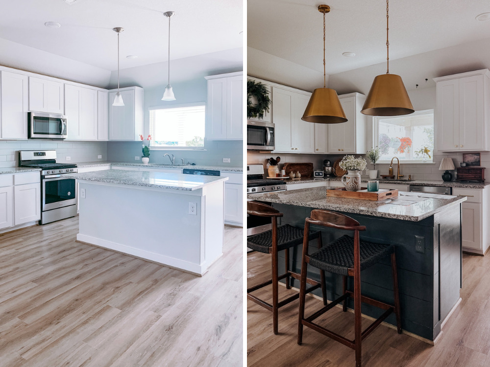 before and after of shiplap island in a kitchen