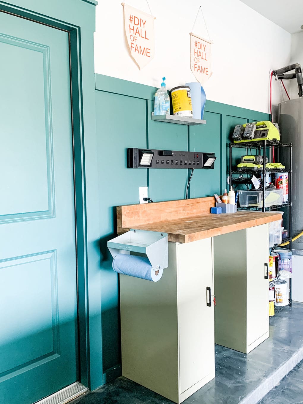 garage with board and batten wall treatment