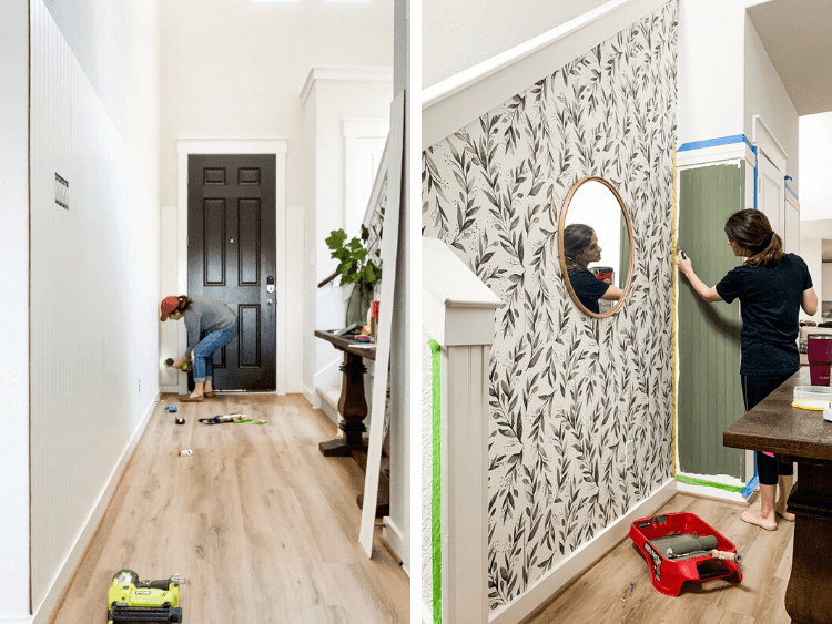 woman working on DIY entry paneling