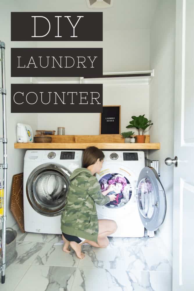 Woman putting laundry into a dryer with text overlay on the image. Text overlay states "DIY laundry counter"