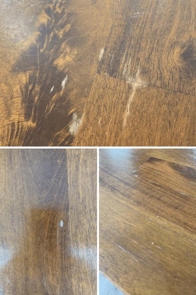 Close up of blemishes on a wood table 