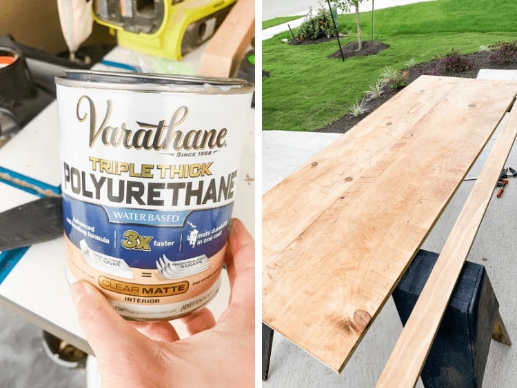 Two images side by side. One is a close up of Varathane Triple Thick Poly can, the other is an image of a laundry room countertop stained, but not yet installed. 