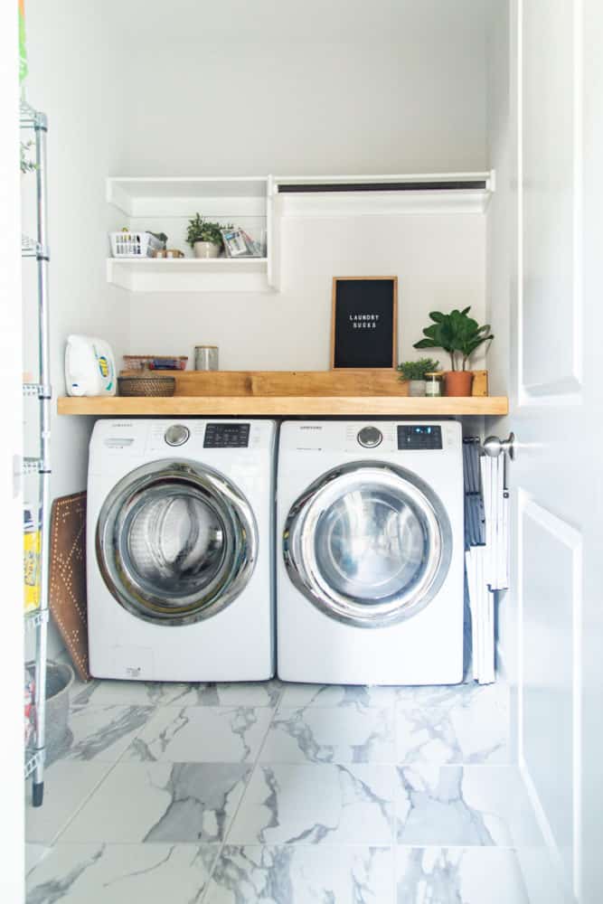 Laundry room with a DIY wood countertop 