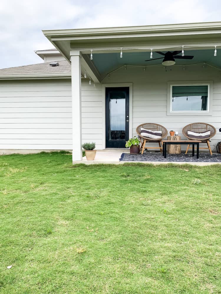 back patio with porch ceiling painted Rain by Sherwin williams 