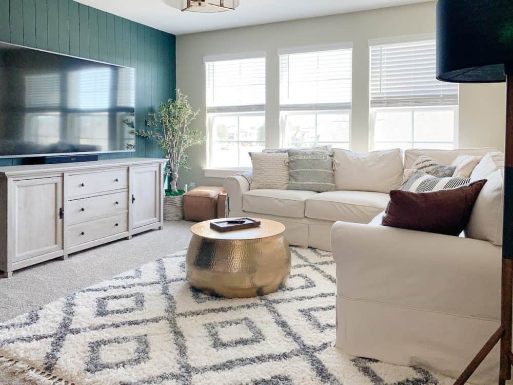 family room with a vertical shiplap accent wall 