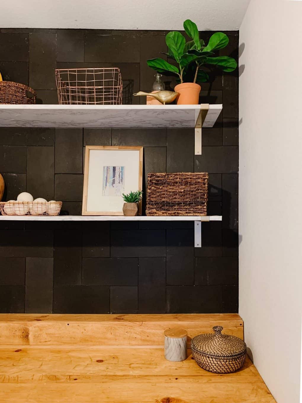 close up of DIY laundry room shelving 