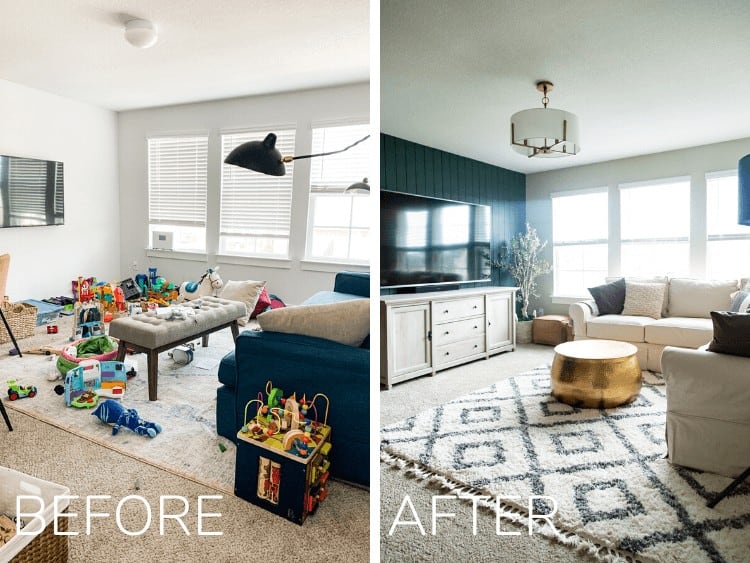before and after of family room makeover 