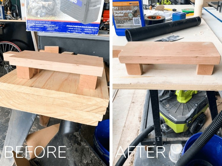 Footed pedestal tray before and after sanding