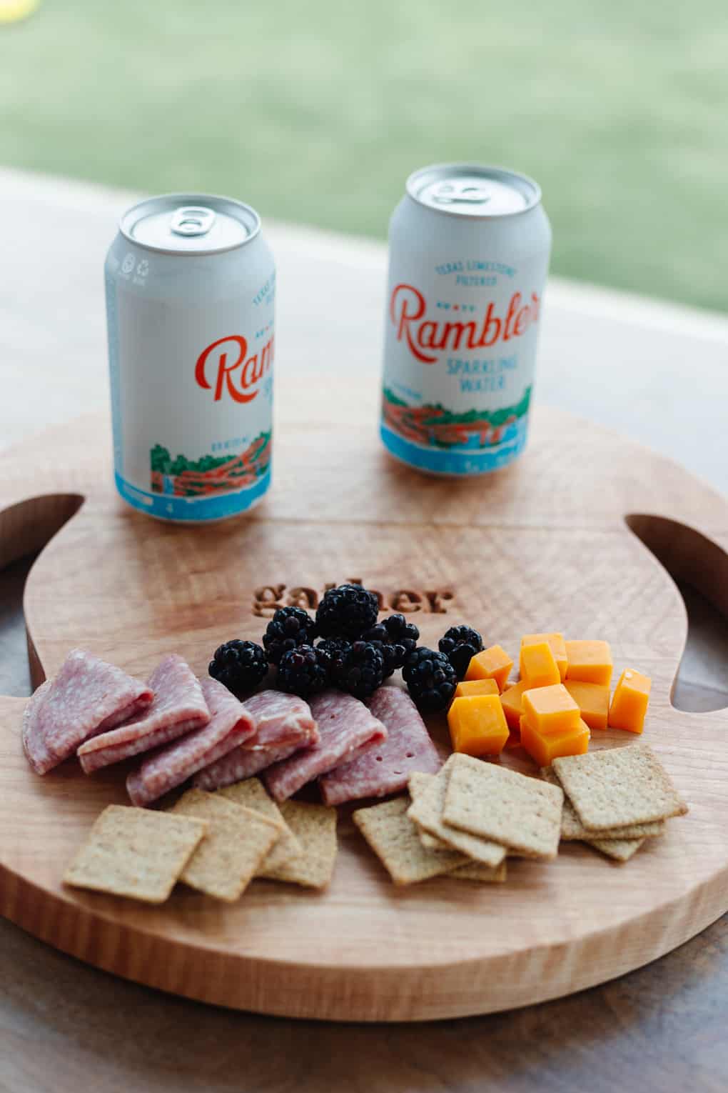 Carved wood tray with snacks