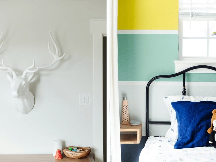 collage of close-up images from a bold and colorful kids room