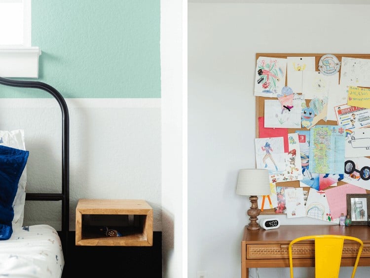 two close-up images of details from bold and bright kids room