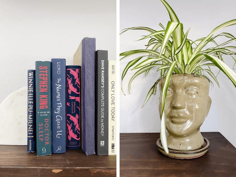 collage of two close up images of shelf styling