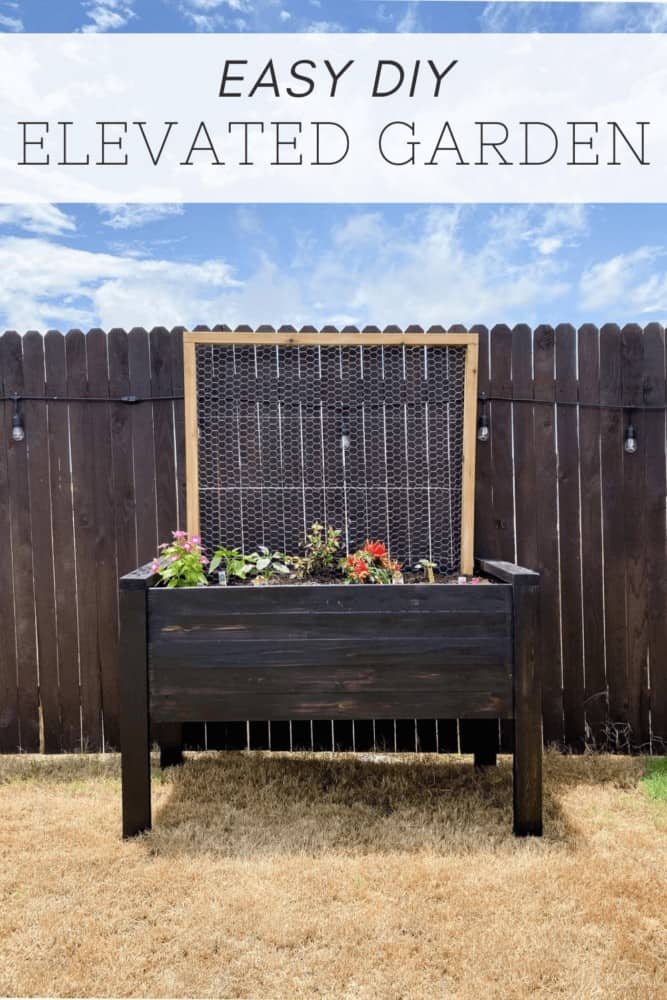 A black and wood garden bed with text overlay - easy diy elevated garden