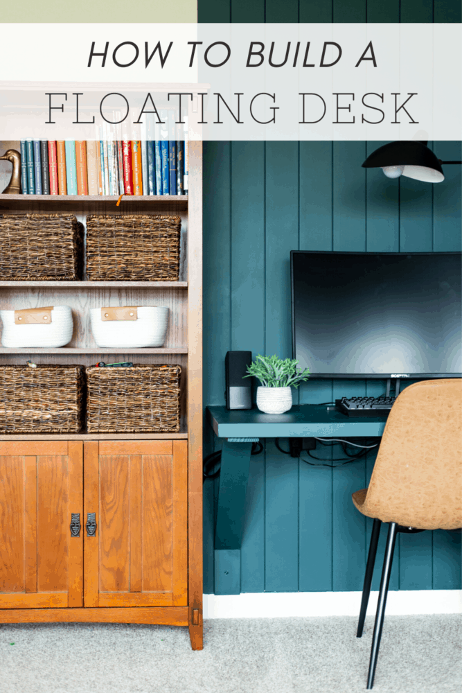 Corner of game room with a floating desk. Text overlay says how to build a floating desk