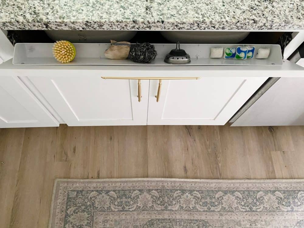 tilt-down drawer front at kitchen sink