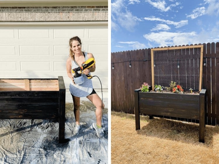 collage of a woman holding a paint sprayer next to a black elevated garden bed